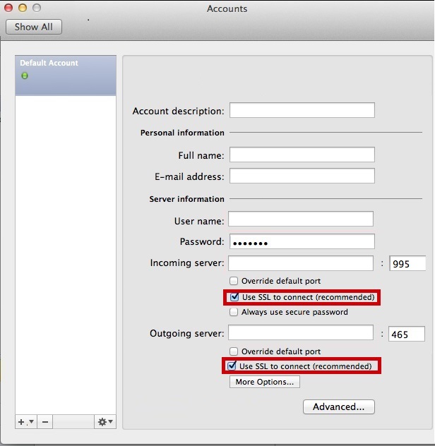 correct setting for pop account on mac for outlook express via comcast